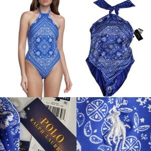 $120 NEW M POLO RALPH LAUREN BLUE halter COASTAL PREPPY SWIMSUIT medium NWT